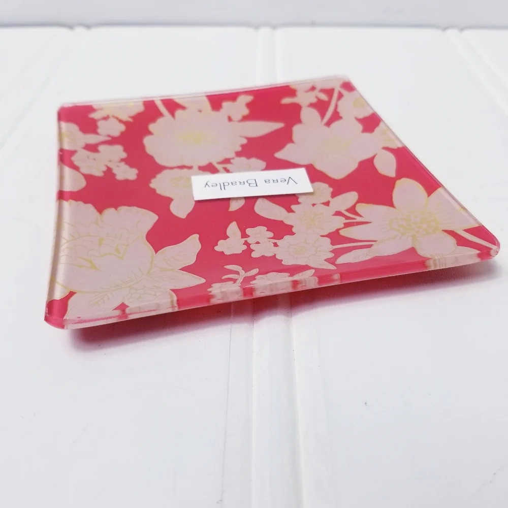 Vera Bradley Trinket Tray Pink Yellow Floral Glass Jewelry Holder. Home Decor